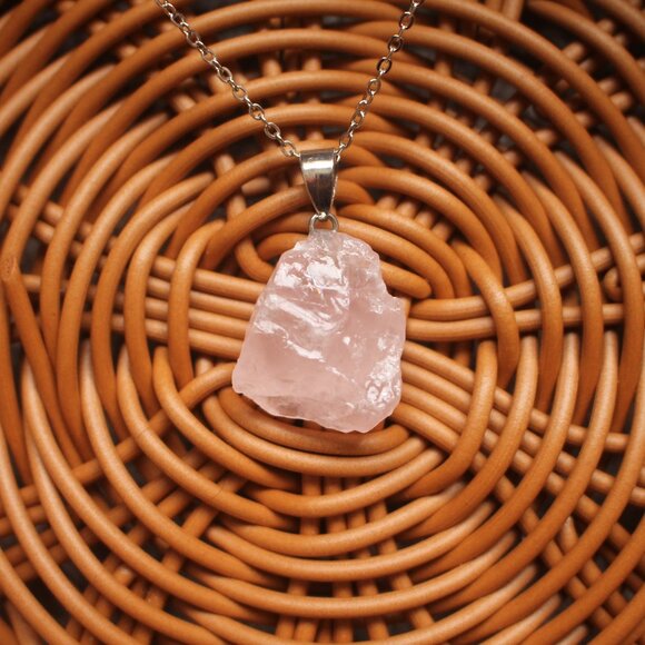 Raw Rose Quartz Crystal Pendant Necklace – Natural Pink Healing Stone - Picture 2 of 2